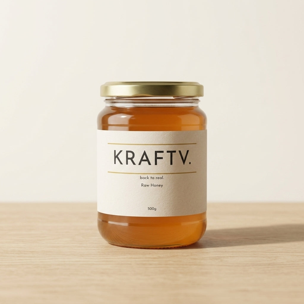 KRAFTV. raw wildflower honey 500g glass jar with cream label
