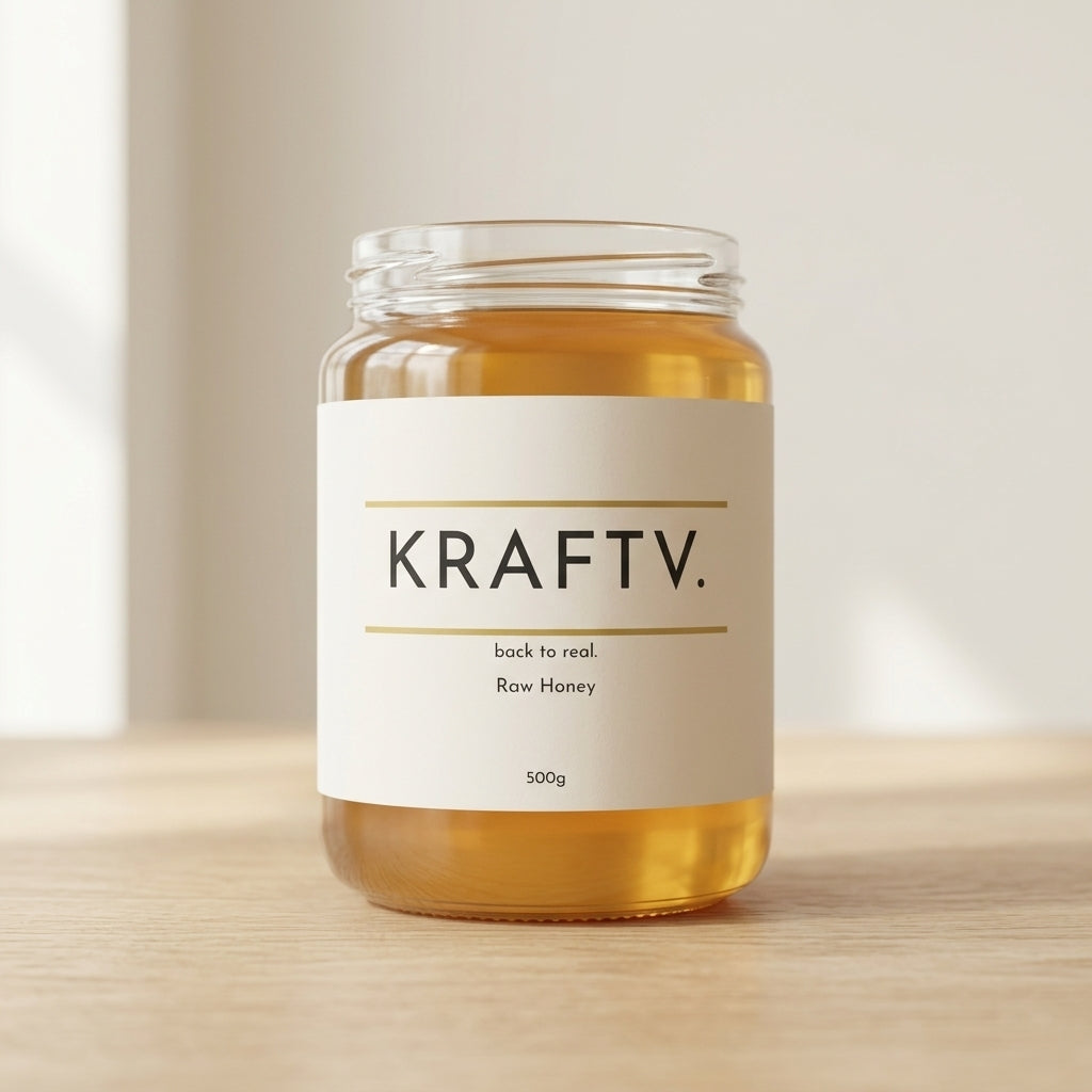 KRAFTV. raw wildflower honey 500g glass jar with cream label