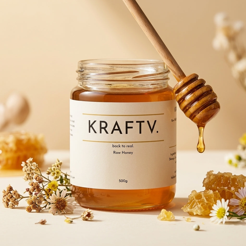 Cold-extracted raw honey texture in glass jar