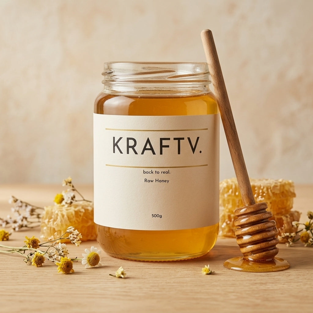 Raw German wildflower honey jar on wooden table